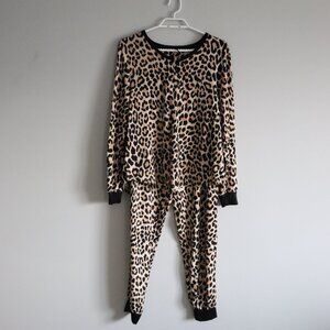 Kate Spade Leopard Print Black Medium 2-Piece Henley Jogger Pj Lounge Set